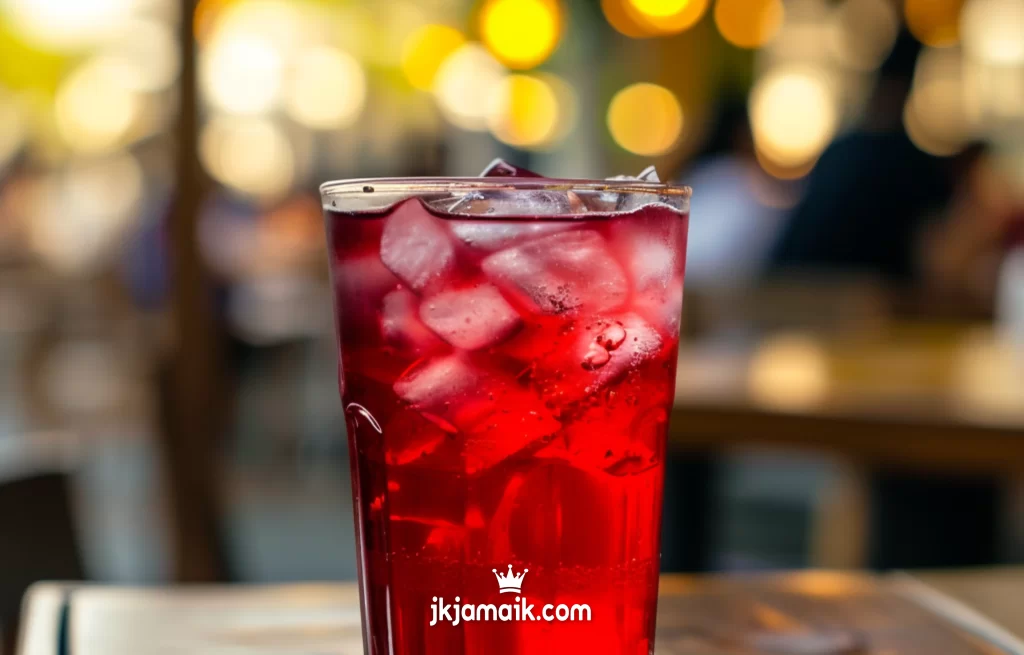A refreshing jamaica water (hibiscus) with ice in a glass.