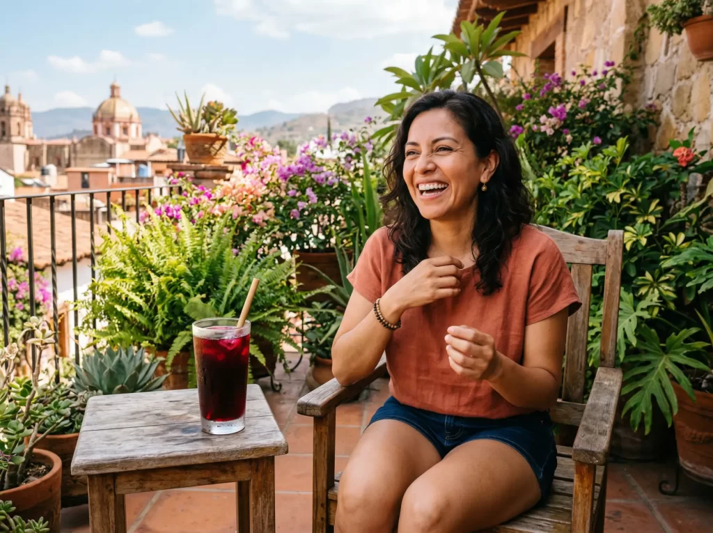 Mujer muy hermosa sonrriendo en terraza con su bebida de JK JAMAIK.