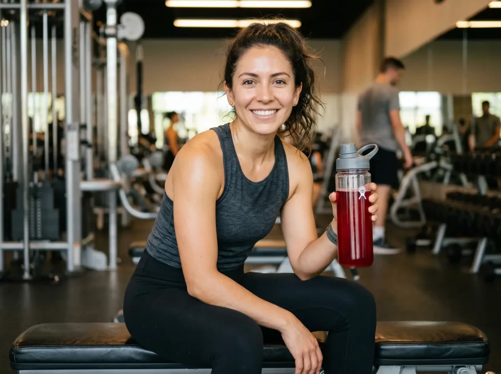 mujer en el gym con termo transparente de bebida JK JAMAIK.