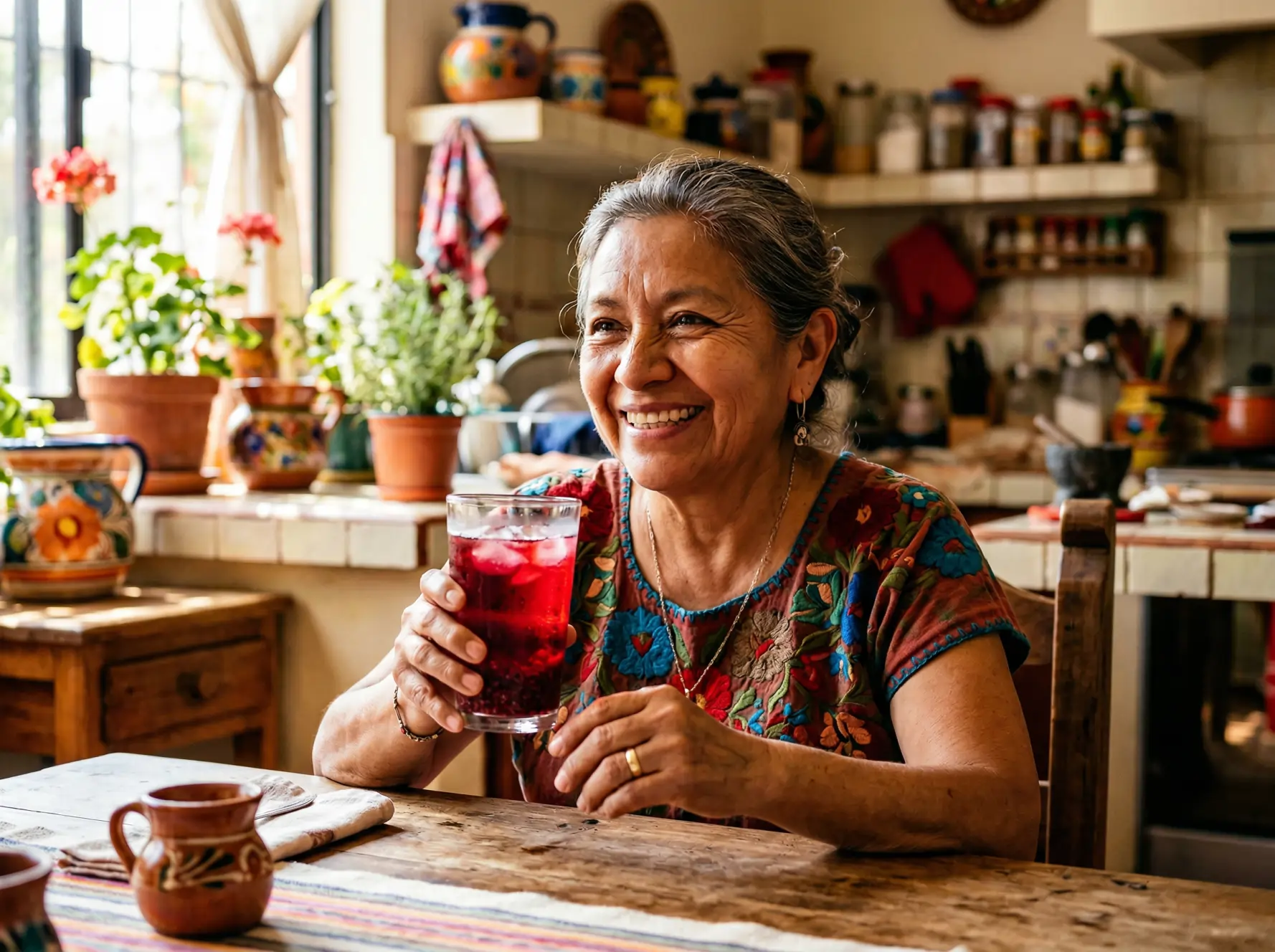 Señora mayor con su vaso agua de JK JAMAIK en cocina mexicana.