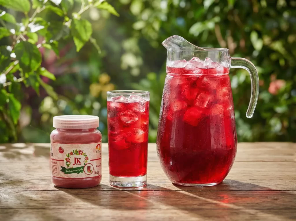 Frasco de JK JAMAIK con bebida preparada sobre mesa en jardin.