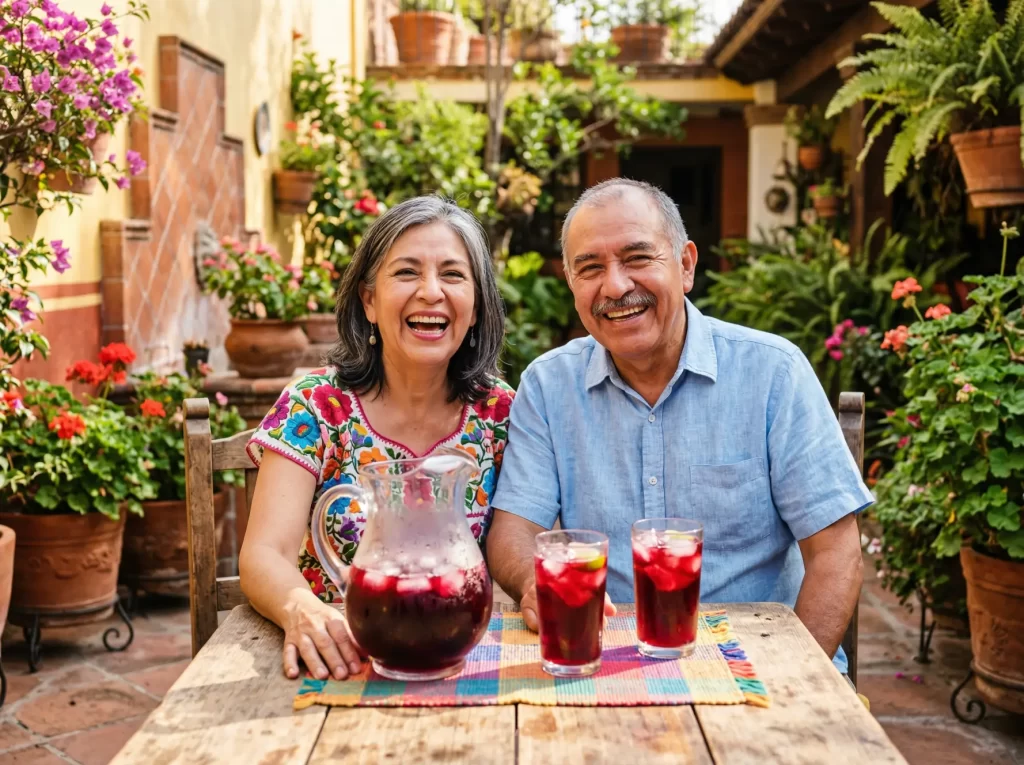 Pareja mayor felices con su agua de JK JAMAIK