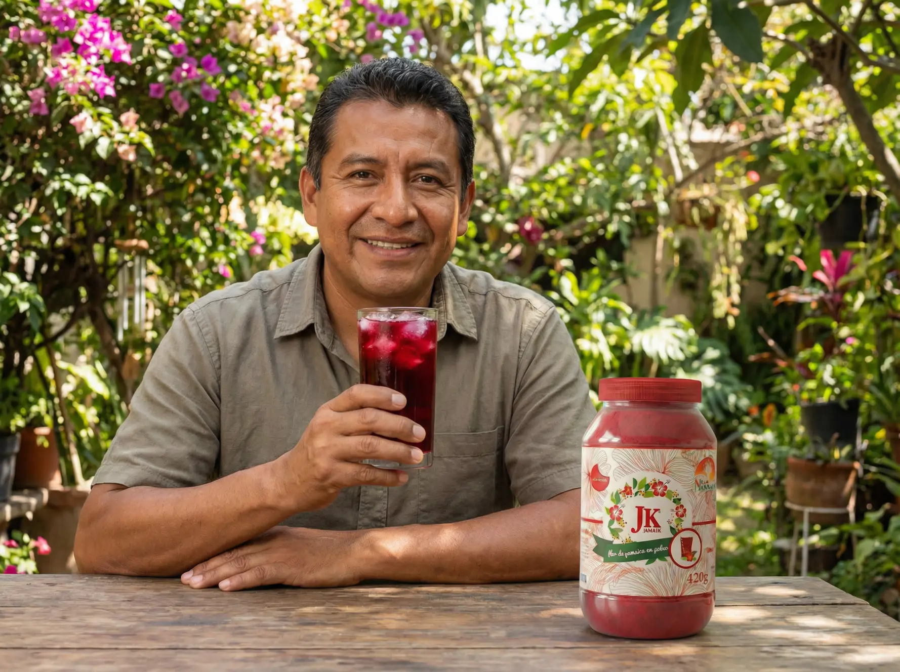 Señor en jardin con su vaso de bebida JK JAMAIK.